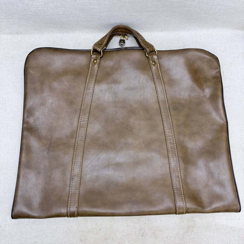 Vintage Brown Vinyl Folding Garment Bag Suit Carrier Travel Luggage